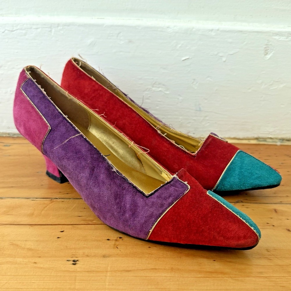 Vtg Multi-Color Retro 80s Colorblock Pumps Heels Pointed Toe Size 10B Mod